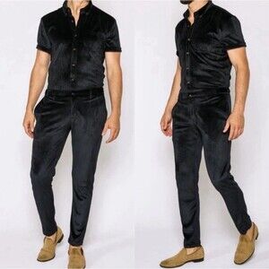 NEW WITH TAGS MENS Romper Jack Velour Velvet Black Jumpsuit LARGE